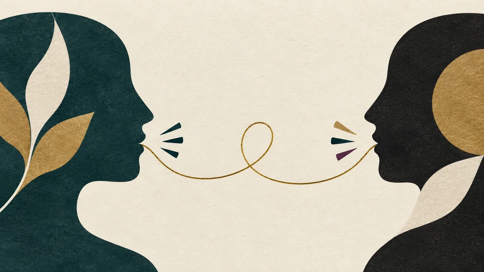 Two abstract character profiles connected by a continuous gold thread