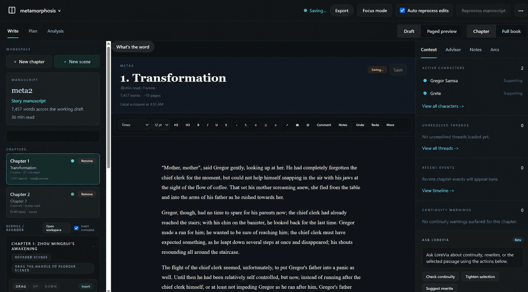 LoreVia manuscript editor showing continuity issues beside a draft